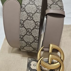 Authentic Gucci Beige Pink Canvas Belt Gold GG